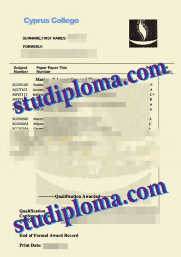Cyprus College transcript